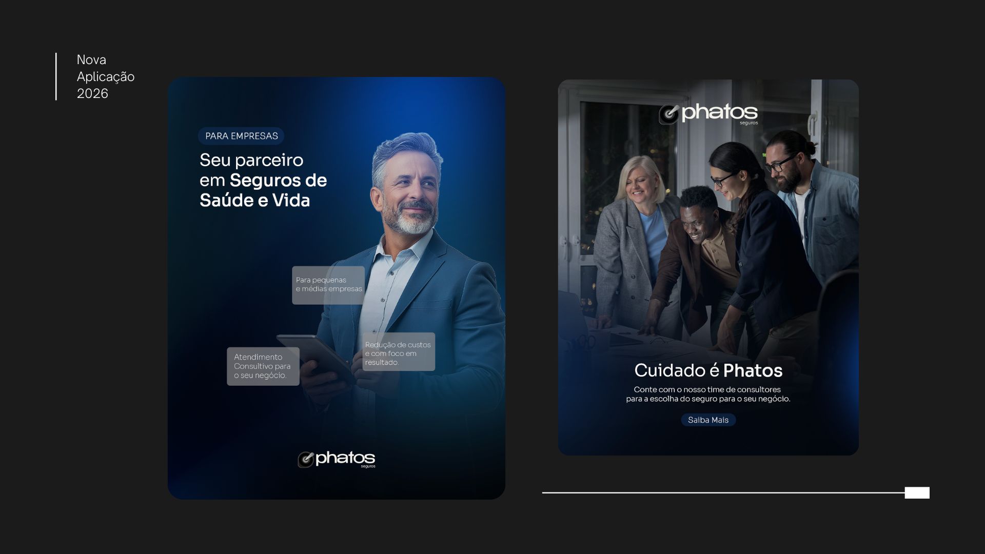 Nova aplicação da identidade visual da Phatos Seguros em peças digitais